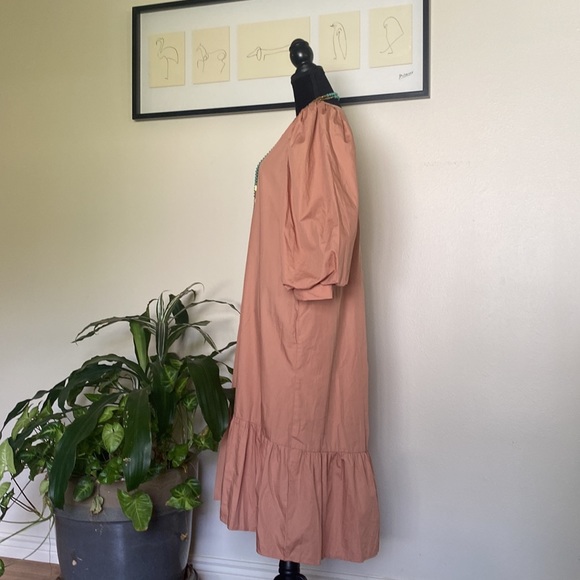 A New Day Long Puff Sleeve V-Neck Midi Dress Ruffle Hem Pockets - Picture 10 of 12